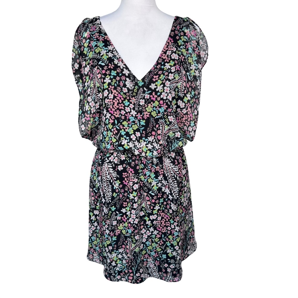 CANDIE'S Women's XL Black Floral Chiffon Mini Dress V-Neck Elastic Waist Boho